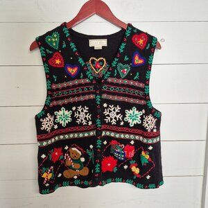Vintage Studio Works Christmas Sweater Vest Womens M Black Holiday
